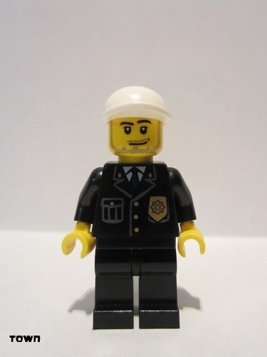 lego 2011 mini figurine cty0204 Police City Suit with Blue Tie and Badge, Black Legs, White Short Bill Cap, Smirk and Stubble Beard 