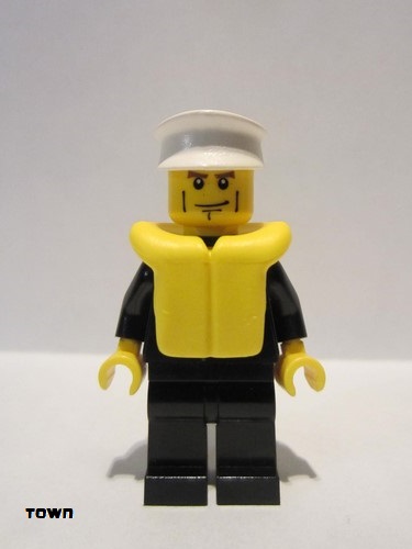lego 2011 mini figurine cty0205 Police City Suit with Blue Tie and Badge, Black Legs, Vertical Cheek Lines, White Hat, Life Jacket 