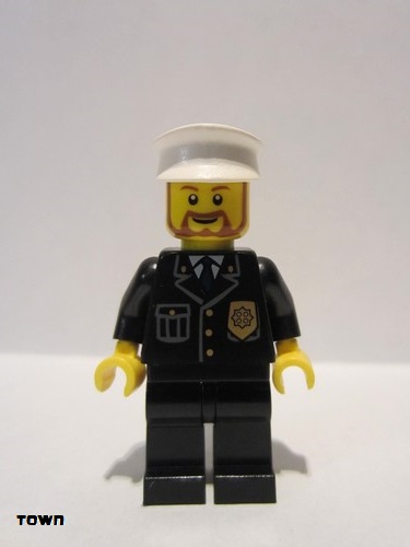 lego 2011 mini figurine cty0209 Police City Suit with Blue Tie and Badge, Black Legs, White Hat, Brown Beard Rounded 