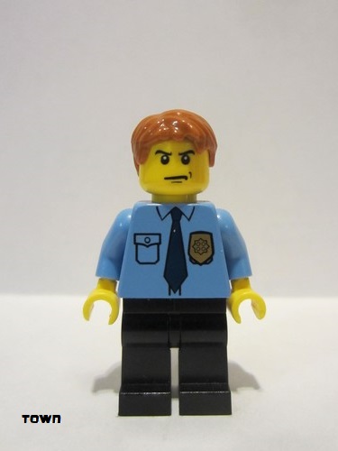 lego 2011 mini figurine cty0212 Police City Shirt with Dark Blue Tie and Gold Badge, Black Legs, Dark Orange Short Tousled Hair 
