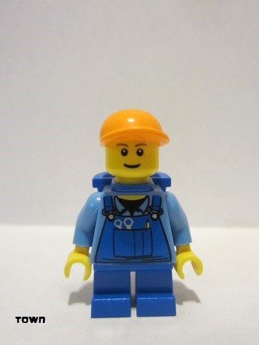 lego 2011 mini figurine cty0214b Citizen Overalls with Tools in Pocket Blue, Orange Short Bill Cap, Blue Short Legs, D-Basket, Reddish Brown Eyebrows 