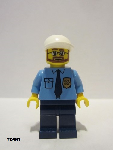 lego 2011 mini figurine cty0219 Police City Shirt with Dark Blue Tie and Gold Badge, Dark Blue Legs, White Short Bill Cap 