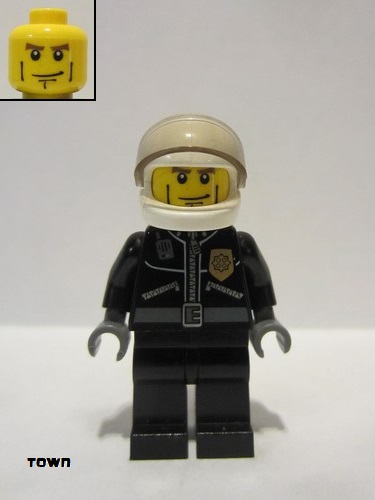 lego 2011 mini figurine cty0230 Police City Leather Jacket with Gold Badge and 'POLICE' on Back, White Helmet, Trans-Black Visor, Cheek Lines 