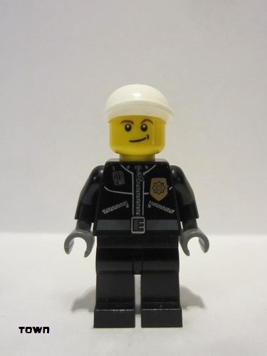 lego 2011 mini figurine cty0231 Police City Leather Jacket with Gold Badge and 'POLICE' on Back, White Short Bill Cap, Lopsided Smile 