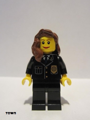 lego 2011 mini figurine cty0241 Police City Suit with Blue Tie and Badge, Black Legs, Reddish Brown Female Hair over Shoulder 