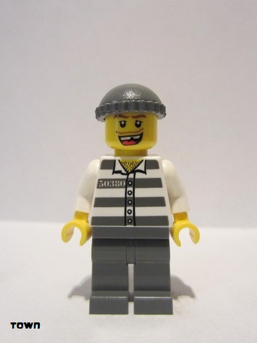 lego 2011 mini figurine cty0253 Police - Jail Prisoner 50380 Prison Stripes, Dark Bluish Gray Legs, Dark Bluish Gray Knit Cap, Missing Tooth 