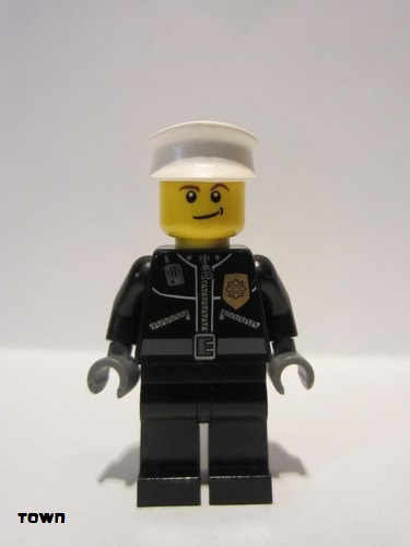 lego 2011 mini figurine cty0256 Police City Leather Jacket with Gold Badge and 'POLICE' on Back, White Hat, Lopsided Smile 