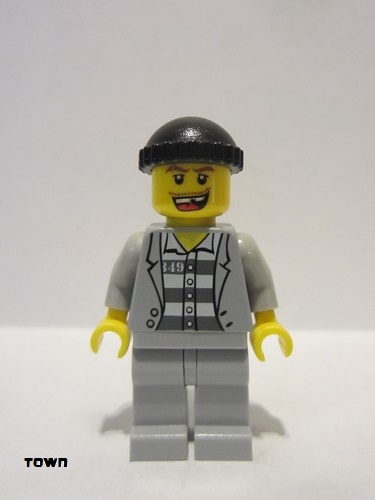 lego 2011 mini figurine cty0299 Police - Jail Prisoner Jacket over Prison Stripes, Light Bluish Gray Legs, Black Knit Cap, Missing Tooth 