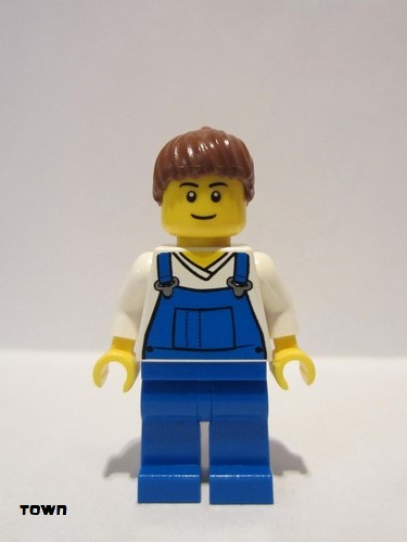 lego 2011 mini figurine cty0606 Farm Hand Female, Overalls Blue over V-Neck Shirt, Thin Smile 