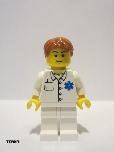 lego 2011 mini figurine doc035a Doctor EMT Star of Life Button Shirt, White Legs, Dark Orange Short Tousled Hair, Black Eyebrows 