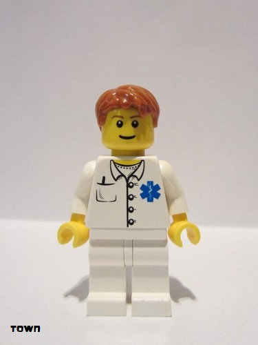 lego 2011 mini figurine doc035b Doctor EMT Star of Life Button Shirt, White Legs, Dark Orange Short Tousled Hair, Reddish Brown Eyebrows 
