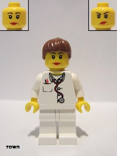lego 2011 mini figurine doc036 Doctor Lab Coat Stethoscope and Thermometer, White Legs, Reddish Brown Female Ponytail Hair, Dual Sided Head 
