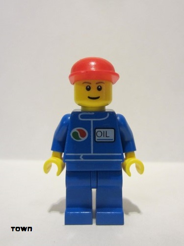 lego 2011 mini figurine oct055b Octan Blue Oil, Blue Legs, Red Short Bill Cap, Reddish Brown Eyebrows 