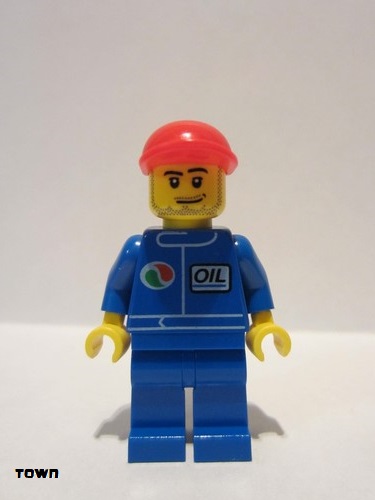 lego 2011 mini figurine oct064 Octan Blue Oil, Blue Legs, Red Short Bill Cap, Smirk and Stubble Beard 