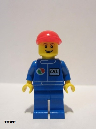 lego 2011 mini figurine oct065 Octan Blue Oil, Blue Legs, Red Short Bill Cap, Open Grin 