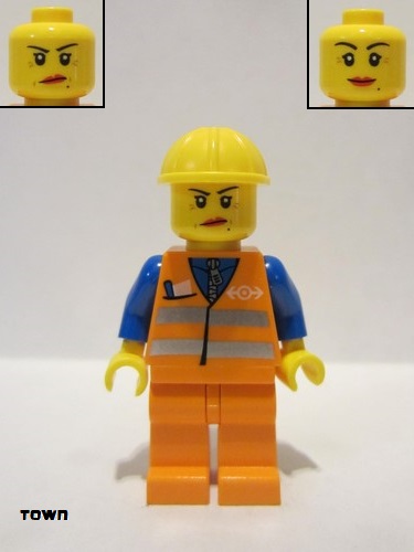 lego 2011 mini figurine trn145 Citizen Orange Vest with Safety Stripes - Orange Legs, Yellow Construction Helmet, Female Dual Sided Head 