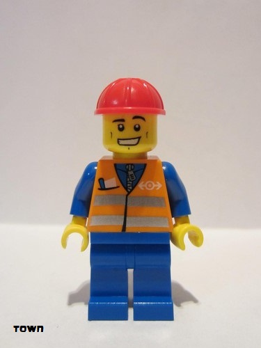 lego 2011 mini figurine trn232 Citizen Orange Vest with Safety Stripes - Blue Legs, Cheek Lines and Wide Grin, Red Construction Helmet 