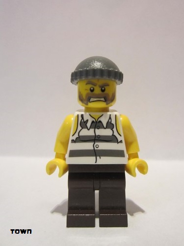 lego 2012 mini figurine cty0266 Police - Jail Prisoner Shirt with Prison Stripes and Torn out Sleeves, Dark Brown Legs, Dark Bluish Gray Knit Cap 