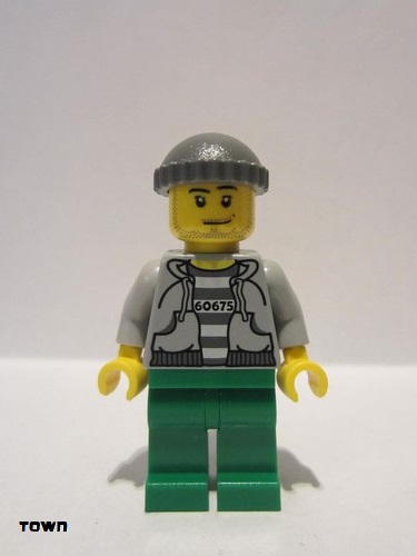 lego 2012 mini figurine cty0288 Police - Jail Prisoner 60675 Hoodie over Prison Stripes, Green Legs, Dark Bluish Gray Knit Cap 