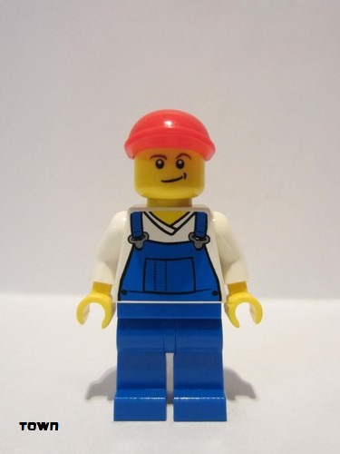 lego 2012 mini figurine cty0320 Citizen Overalls Blue over V-Neck Shirt, Blue Legs, Red Short Bill Cap, Crooked Smile 