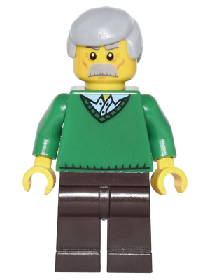 lego 2012 mini figurine cty0330 Citizen Green V-Neck Sweater, Dark Brown Legs, Light Bluish Gray Male Hair 