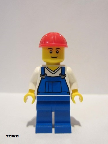 lego 2012 mini figurine cty0340 Citizen Overalls Blue over V-Neck Shirt, Blue Legs, Red Construction Helmet 