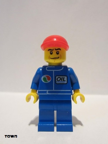 lego 2012 mini figurine oct066 Octan Blue Oil, Blue Legs, Red Short Bill Cap, Crooked Smile 