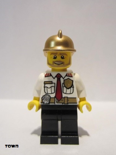 lego 2013 mini figurine cty0350 Fire Chief White Shirt with Tie and Belt, Black Legs, Gold Fire Helmet 