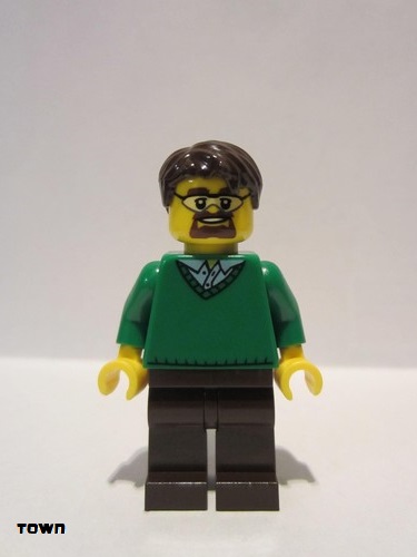 lego 2013 mini figurine cty0352 Citizen Green V-Neck Sweater, Dark Brown Legs, Dark Brown Short Tousled Hair, Safety Goggles 