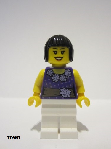 lego 2013 mini figurine cty0354 Citizen Female Dark Purple Blouse with Gold Sash and Flowers, White Legs, Black Bob Cut Hair 