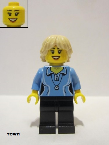 lego 2013 mini figurine cty0355 Citizen Medium Blue Female Shirt with Two Buttons and Shell Pendant, Black Legs, Tan Tousled and Layered Hair 