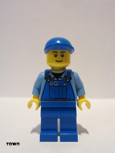 lego 2013 mini figurine cty0367 Citizen Overalls with Tools in Pocket Blue, Blue Short Bill Cap, Thin Grin 