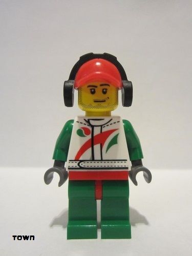 lego 2013 mini figurine cty0391 Race Car Mechanic White Race Suit with Octan Logo, Red Cap with Hole, Headphones, Smirk and Stubble Beard 
