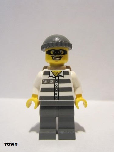 lego 2013 mini figurine cty0392 Police - Jail Prisoner 50380 Prison Stripes, Dark Bluish Gray Legs, Dark Bluish Gray Knit Cap, Backpack, Mask 