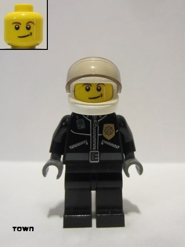 lego 2013 mini figurine cty0393 Police City Leather Jacket with Gold Badge and 'POLICE' on Back, White Helmet, Trans-Black Visor, Crooked Smile 