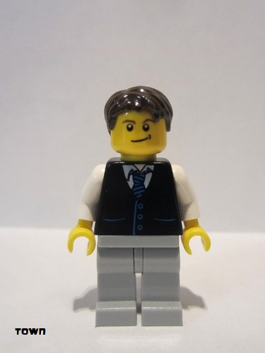 lego 2013 mini figurine cty0395 Citizen Black Vest with Blue Striped Tie, Light Bluish Gray Legs, White Arms, Dark Brown Short Tousled Hair, Crooked Smile 