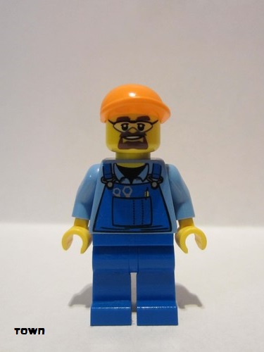 lego 2013 mini figurine cty0398 Citizen Overalls with Tools in Pocket Blue, Orange Short Bill Cap, Safety Goggles 