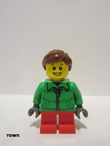 lego 2013 mini figurine cty0439 Citizen Winter Jacket Zipper, Red Short Legs, Reddish Brown Ponytail and Swept Sideways Fringe 