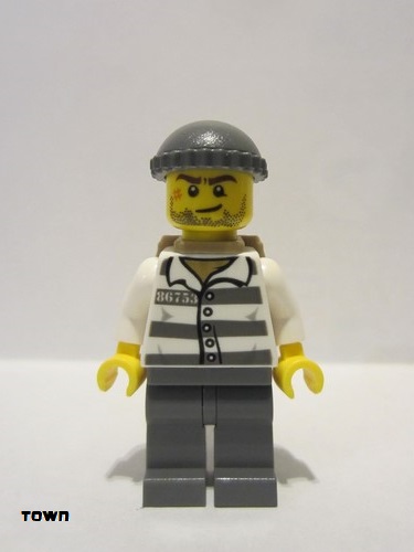 lego 2013 mini figurine cty0463 Police - Jail Prisoner 86753 Prison Stripes, Dark Bluish Gray Knit Cap, Backpack, Crooked Smile and Scar 