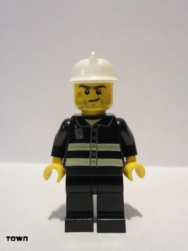 lego 2013 mini figurine cty0531 Fire Reflective Stripes, Black Legs, White Fire Helmet, Crooked Smile with Scar 