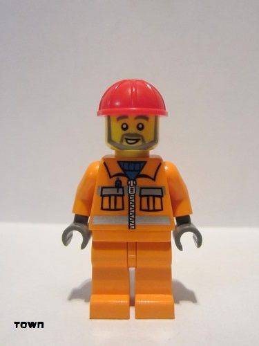 lego 2014 mini figurine con008 Construction Worker Orange Zipper, Safety Stripes, Orange Arms, Orange Legs, Red Construction Helmet, Gray Angular Beard 