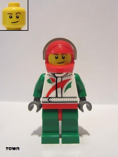 lego 2014 mini figurine cty0389a Race Car Driver White Race Suit with Octan Logo, Red Helmet with Trans-Black Visor, Crooked Smile with Brown Dimple 