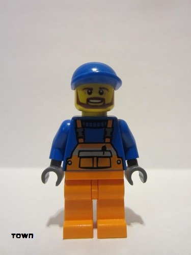 lego 2014 mini figurine cty0459 Tow Truck Driver Overalls with Safety Stripe Orange, Orange Legs, Blue Short Bill Cap, Brown Beard 
