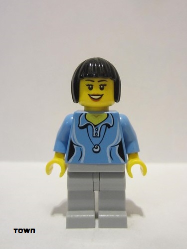 lego 2014 mini figurine cty0472 Citizen Medium Blue Female Shirt with Two Buttons and Shell Pendant, Light Bluish Gray Legs, Black Bob Cut Hair 