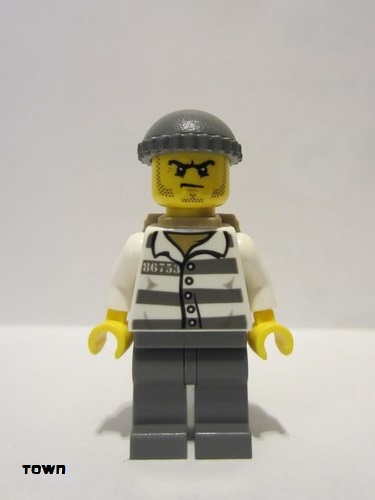 lego 2014 mini figurine cty0480 Police - Jail Prisoner 86753 Prison Stripes, Dark Bluish Gray Knit Cap, Backpack, Scowl 