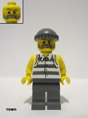 lego 2014 mini figurine cty0481 Police - Jail Prisoner Shirt with Prison Stripes and Torn out Sleeves, Dark Bluish Gray Legs, Dark Bluish Gray Knit Cap 