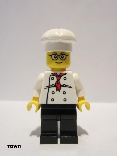 lego 2014 mini figurine cty0502a Chef White Torso with 8 Buttons, Black Legs, Rounded Glasses, Brown Eyebrows 