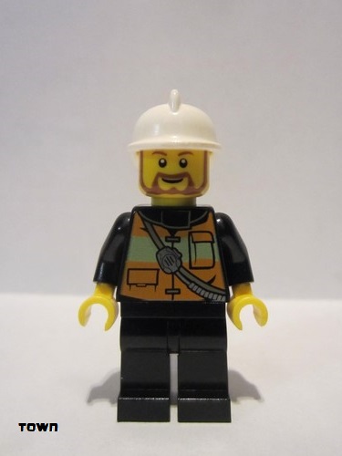 lego 2014 mini figurine cty0507 Fire Reflective Stripe Vest with Pockets and Shoulder Strap, White Fire Helmet, Brown Beard 
