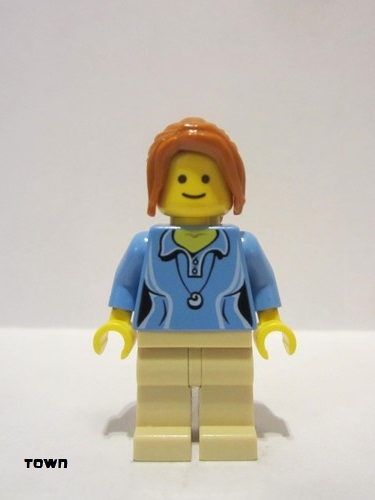 lego 2014 mini figurine twn189 Citizen Medium Blue Female Shirt with Two Buttons and Shell Pendant, Tan Legs, Dark Orange Hair Ponytail Long with Side Bangs 