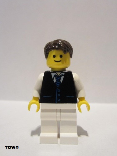 lego 2014 mini figurine twn190 Waiter Black Vest with Blue Striped Tie, White Legs, Dark Brown Short Tousled Hair 